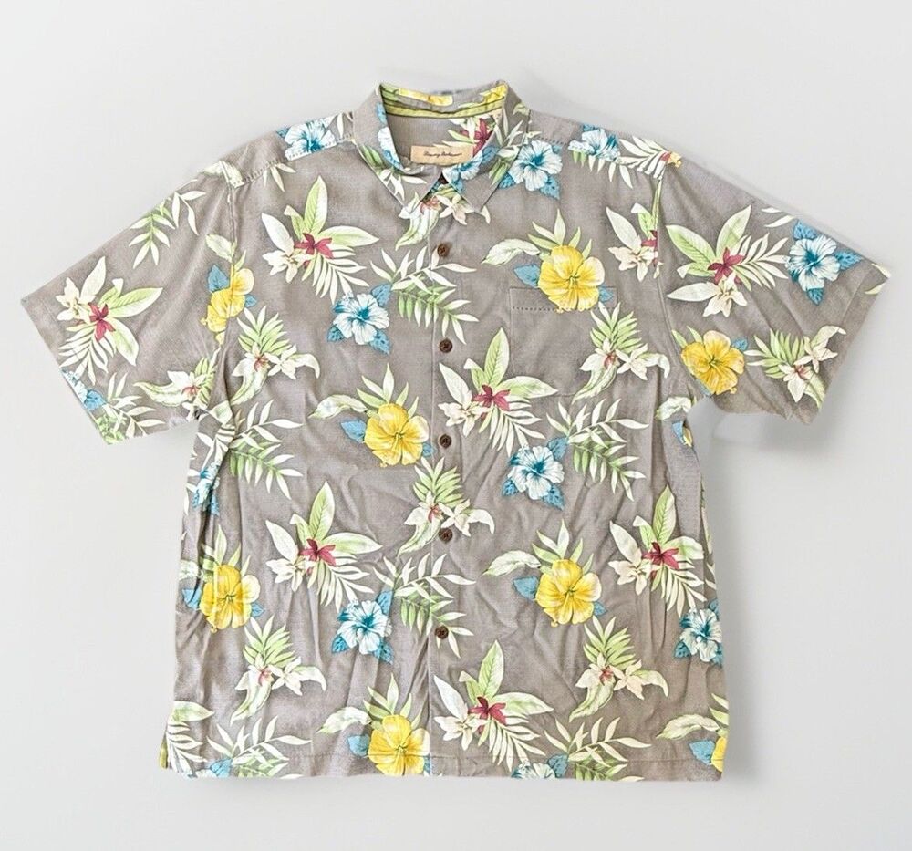 Tommy Bahama Shirt Mens XLarge Gray Silk Hawaiian Floral Aloha Camp S/S ECU